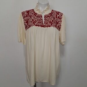 Layerz Clothing Cream & Red Embroidered Floral Bohemian Peasant Blouse Size L